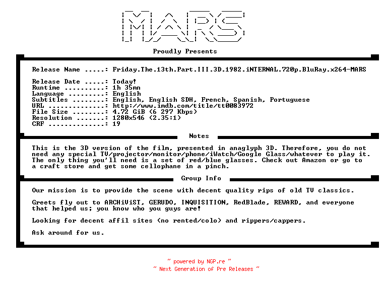 NFO for the release Friday.The.13th.Part.III.3D.1982.iNTERNAL.720p.BluRay.x264-MARS by MARS