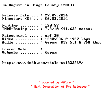 NFO for the release Im.August.in.Osage.County.German.720p.BluRay.x264-EXQUiSiTE by EXQUiSiTE
