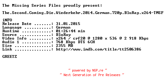 NFO for the release The.Second.Coming.Die.Wiederkehr.2014.German.720p.BluRay.x264-TMSF by TMSF