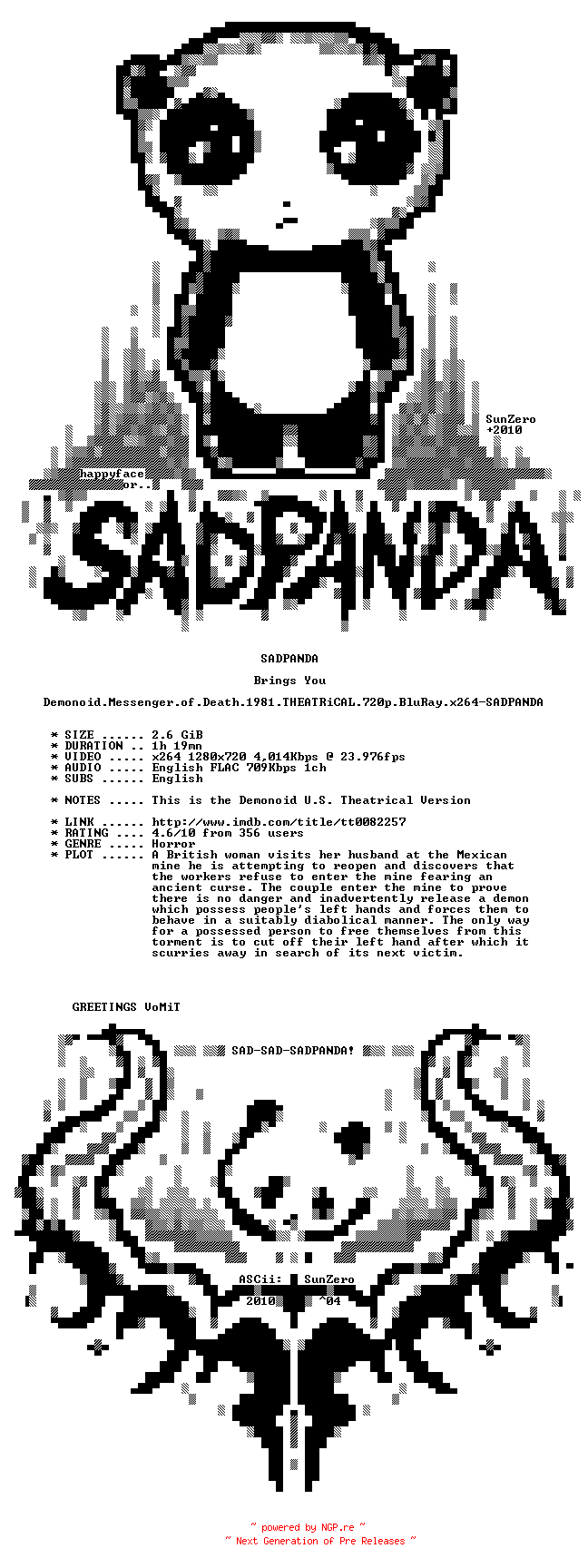 NFO for the release Demonoid.Messenger.of.Death.1981.THEATRiCAL.720p.BluRay.x264-SADPANDA by SADPANDA