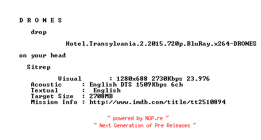 NFO for the release Hotel.Transylvania.2.2015.720p.BluRay.x264-DRONES by DRONES