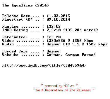 NFO for the release The.Equalizer.German.720p.BluRay.x264-EXQUiSiTE by EXQUiSiTE