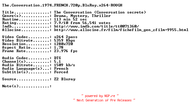 NFO for the release The.Conversation.1974.FRENCH.720p.BluRay.x264-ROUGH by ROUGH