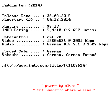 NFO for the release Paddington.German.720p.BluRay.x264-EXQUiSiTE by EXQUiSiTE