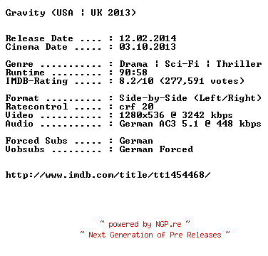 NFO for the release Gravity.3D.German.720p.BluRay.x264-EXQUiSiTE by EXQUiSiTE