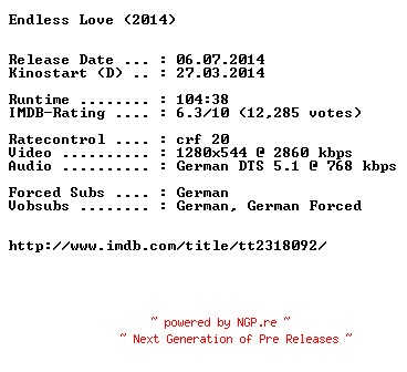 NFO for the release Endless.Love.German.720p.BluRay.x264-EXQUiSiTE by EXQUiSiTE