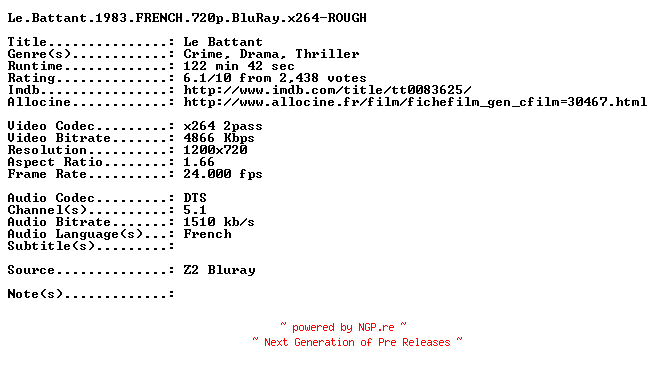 NFO for the release Le.Battant.1983.FRENCH.720p.BluRay.x264-ROUGH by ROUGH
