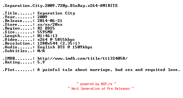 NFO for the release Separation.City.2009.720p.BluRay.x264-AMIRITE by AMIRITE