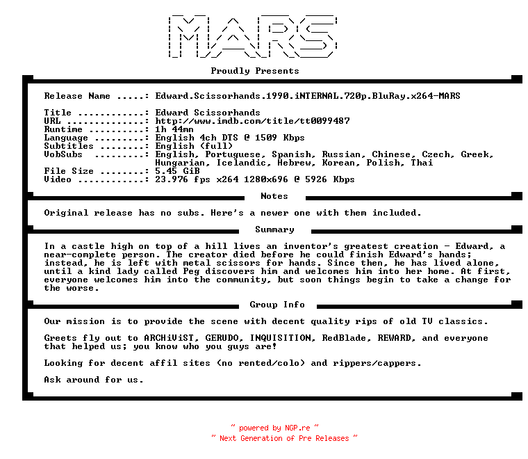 NFO for the release Edward.Scissorhands.1990.iNTERNAL.720p.BluRay.x264-MARS by MARS