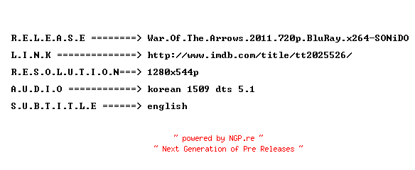 NFO for the release War.Of.The.Arrows.2011.720p.BluRay.x264-SONiDO by SONiDO