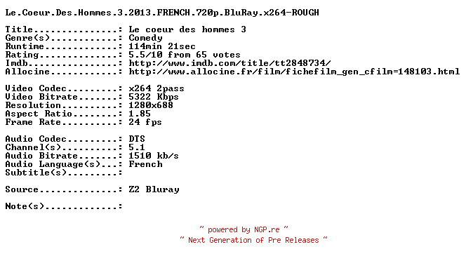 NFO for the release Le.Coeur.Des.Hommes.3.2013.FRENCH.720p.BluRay.x264-ROUGH by ROUGH