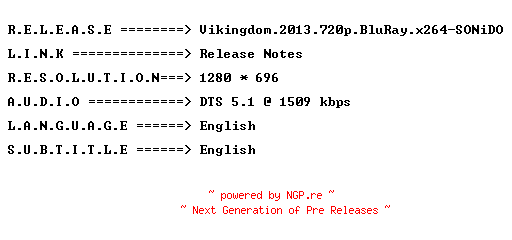 NFO for the release Vikingdom.2013.720p.BluRay.x264-SONiDO by SONiDO