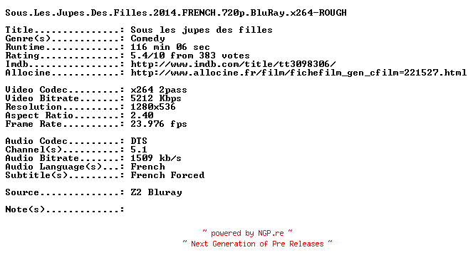 NFO for the release Sous.Les.Jupes.Des.Filles.2014.FRENCH.720p.BluRay.x264-ROUGH by ROUGH