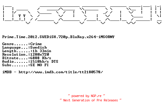 NFO for the release Prime.Time.2012.SWEDiSH.720p.BluRay.x264-iMSORNY by iMSORNY