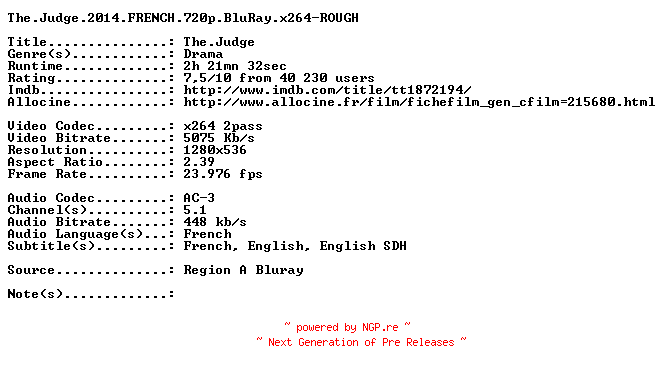 NFO for the release The.Judge.2014.FRENCH.720p.BluRay.x264-ROUGH by ROUGH