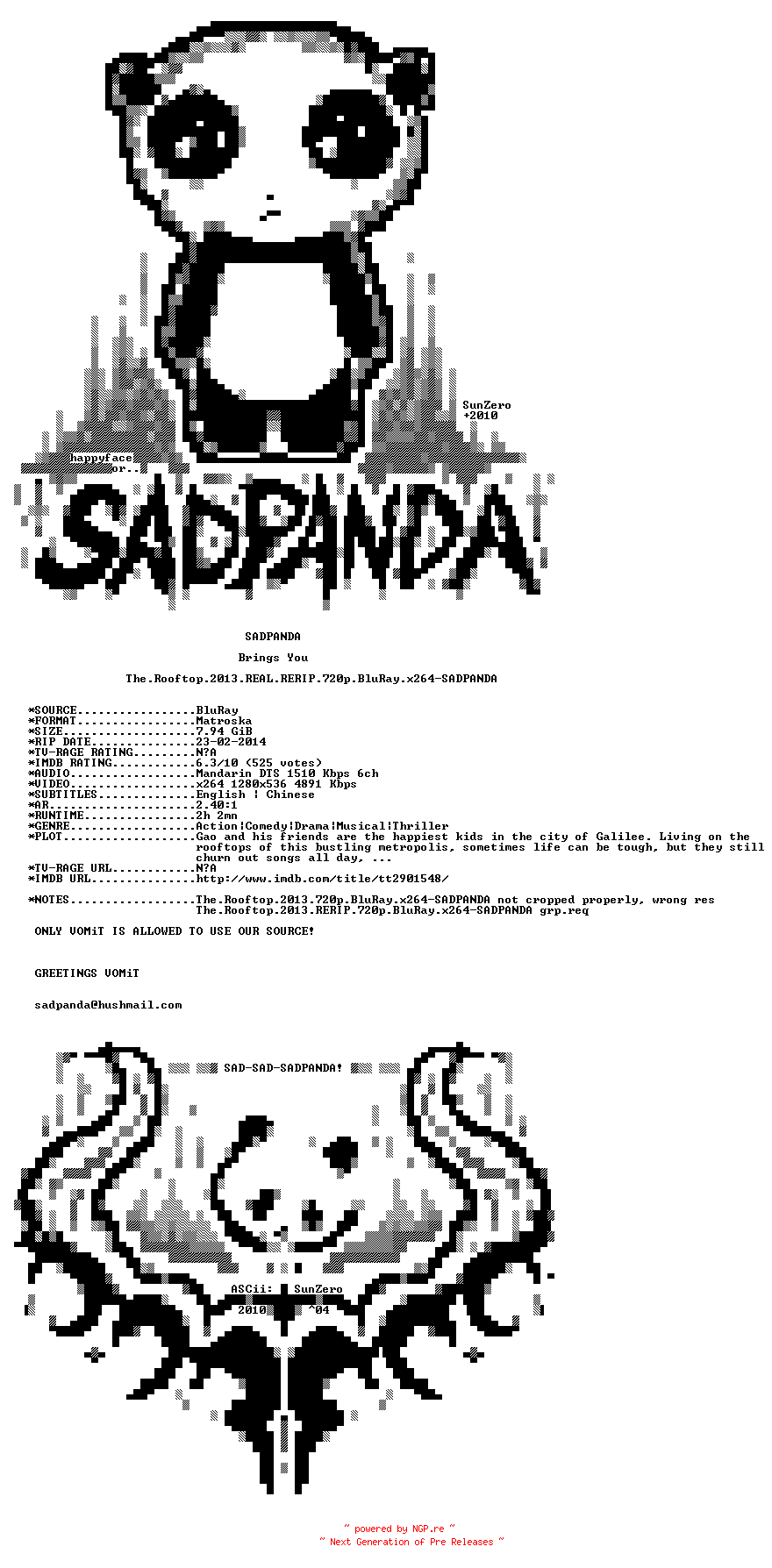 NFO for the release The.Rooftop.2013.REAL.RERIP.720p.BluRay.x264-SADPANDA by SADPANDA
