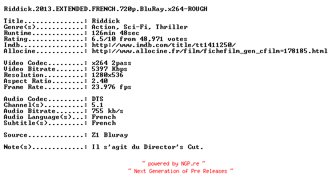 NFO for the release Riddick.2013.EXTENDED.FRENCH.720p.BluRay.x264-ROUGH by ROUGH