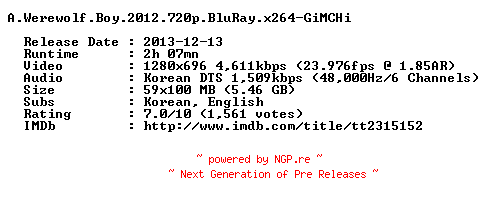 NFO for the release A.Werewolf.Boy.2012.720p.BluRay.x264-GiMCHi by GiMCHi