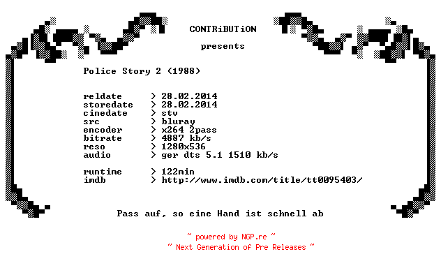NFO for the release Police.Story.2.1988.German.720p.BluRay.x264-CONTRiBUTiON by CONTRiBUTiON