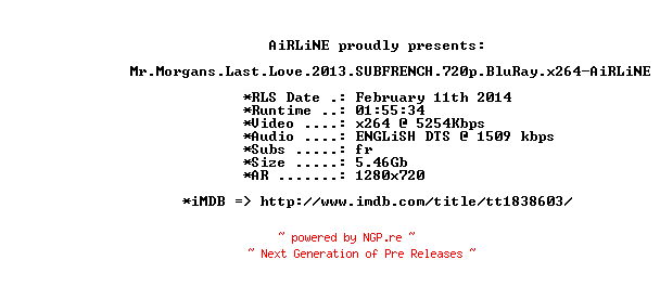 NFO for the release Mr.Morgans.Last.Love.2013.SUBFRENCH.720p.BluRay.x264-AiRLiNE by AiRLiNE
