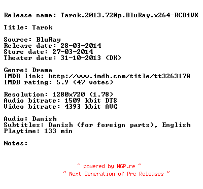 NFO for the release Tarok.2013.720p.BluRay.x264-RCDiVX by RCDiVX