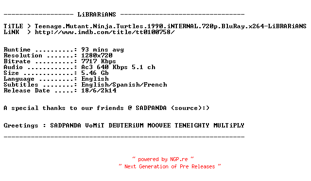 NFO for the release Teenage.Mutant.Ninja.Turtles.1990.iNTERNAL.720p.BluRay.x264-LiBRARiANS by LiBRARiANS