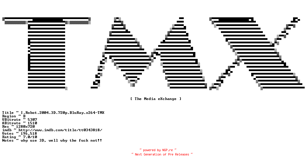NFO for the release I.Robot.2004.3D.720p.BluRay.x264-TMX by TMX