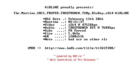 NFO for the release The.Martian.2015.PROPER.TRUEFRENCH.720p.BluRay.x264-AiRLiNE by AiRLiNE
