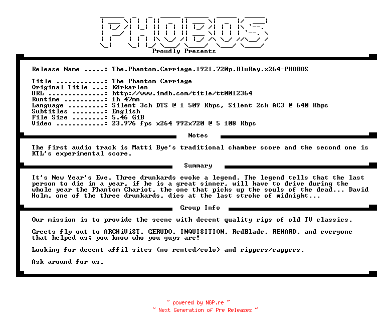 NFO for the release The.Phantom.Carriage.1921.720p.BluRay.x264-PHOBOS by PHOBOS
