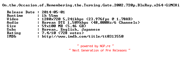 NFO for the release On.the.Occasion.of.Remembering.the.Turning.Gate.2002.720p.BluRay.x264-GiMCHi by GiMCHi