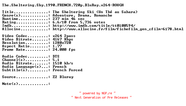 NFO for the release The.Sheltering.Sky.1990.FRENCH.720p.BluRay.x264-ROUGH by ROUGH