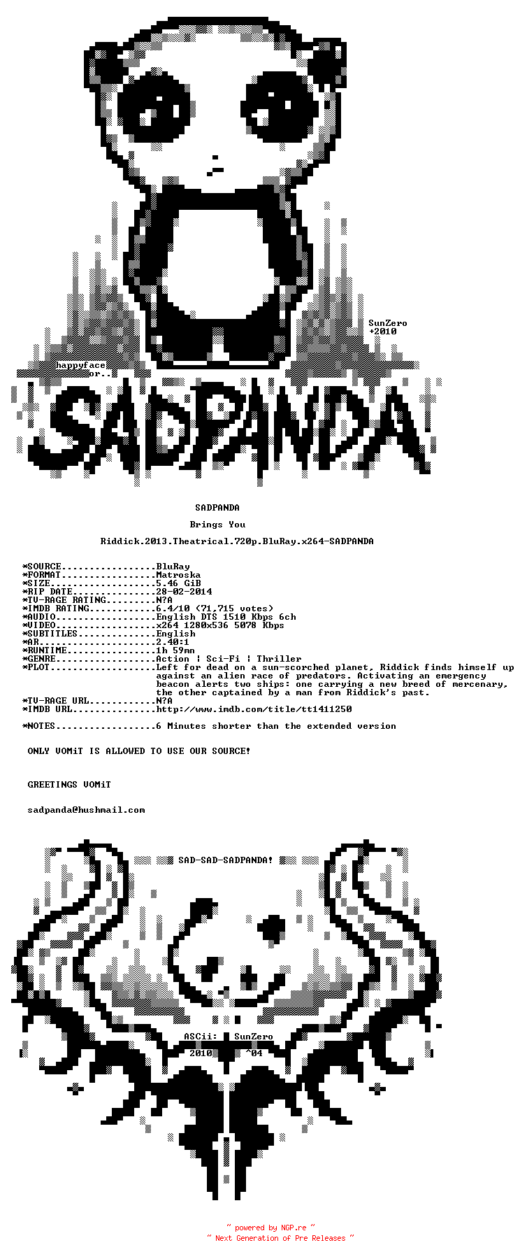 NFO for the release Riddick.2013.Theatrical.720p.BluRay.x264-SADPANDA by SADPANDA