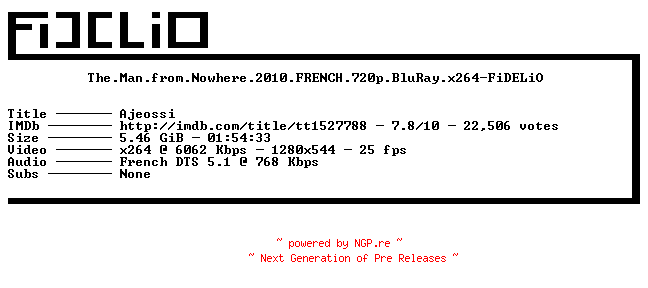 NFO for the release The.Man.from.Nowhere.2010.FRENCH.720p.BluRay.x264-FiDELiO by FiDELiO