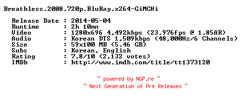 NFO for the release Breathless.2008.720p.BluRay.x264-GiMCHi by GiMCHi