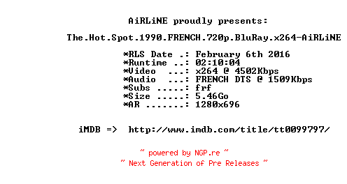 NFO for the release The.Hot.Spot.1990.FRENCH.720p.BluRay.x264-AiRLiNE by AiRLiNE