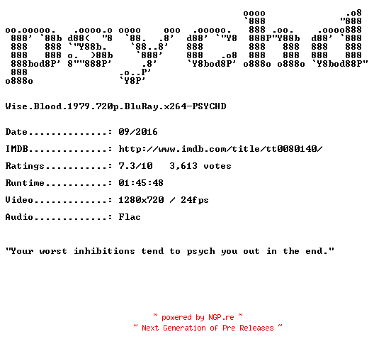 NFO for the release Wise.Blood.1979.720p.BluRay.x264-PSYCHD by PSYCHD