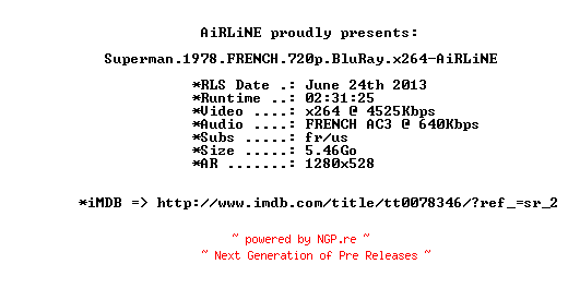 NFO for the release Superman.1978.FRENCH.720p.BluRay.x264-AiRLiNE by AiRLiNE