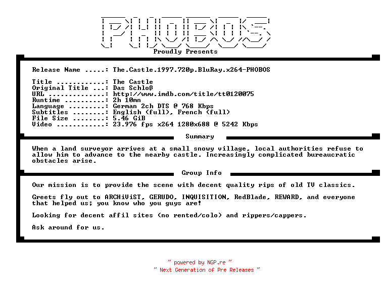 NFO for the release The.Castle.1997.720p.BluRay.x264-PHOBOS by PHOBOS