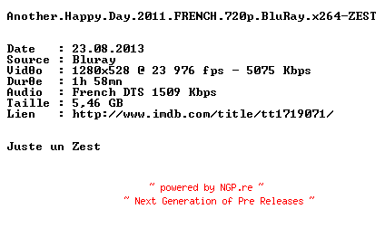 NFO for the release Another.Happy.Day.2011.FRENCH.720p.BluRay.x264-ZEST by ZEST