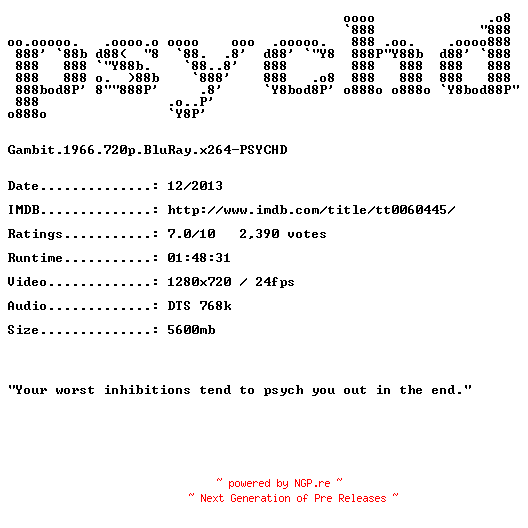 NFO for the release Gambit.1966.720p.BluRay.x264-PSYCHD by PSYCHD