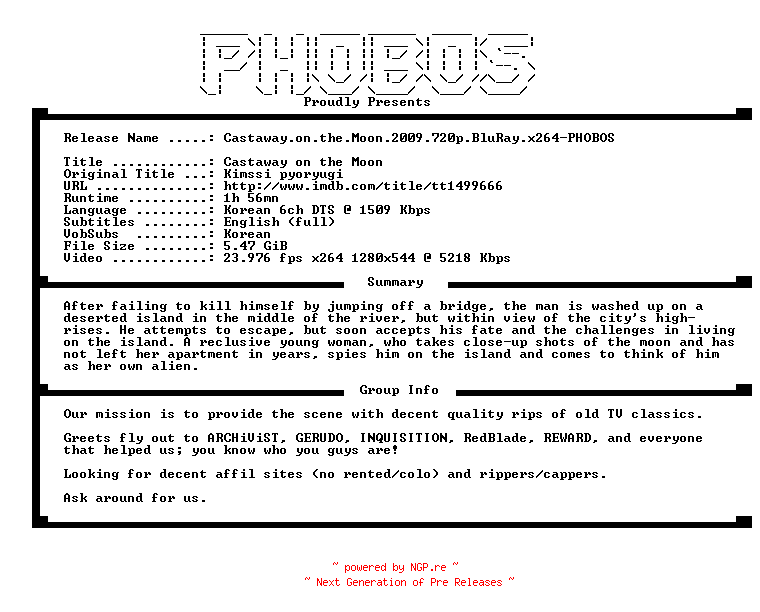 NFO for the release Castaway.on.the.Moon.2009.720p.BluRay.x264-PHOBOS by PHOBOS