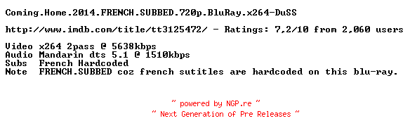 NFO for the release Coming.Home.2014.FRENCH.SUBBED.720p.BluRay.x264-DuSS by DuSS