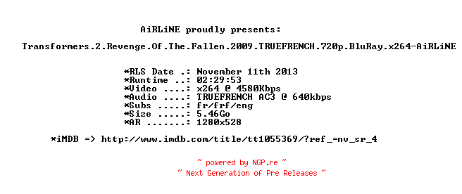 NFO for the release Transformers.2.Revenge.Of.The.Fallen.2009.TRUEFRENCH.720p.BluRay.x264-AiRLiNE by AiRLiNE