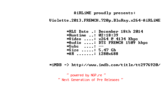 NFO for the release Violette.2013.FRENCH.720p.BluRay.x264-AiRLiNE by AiRLiNE