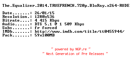 NFO for the release The.Equalizer.2014.TRUEFRENCH.720p.BluRay.x264-RUDE by RUDE
