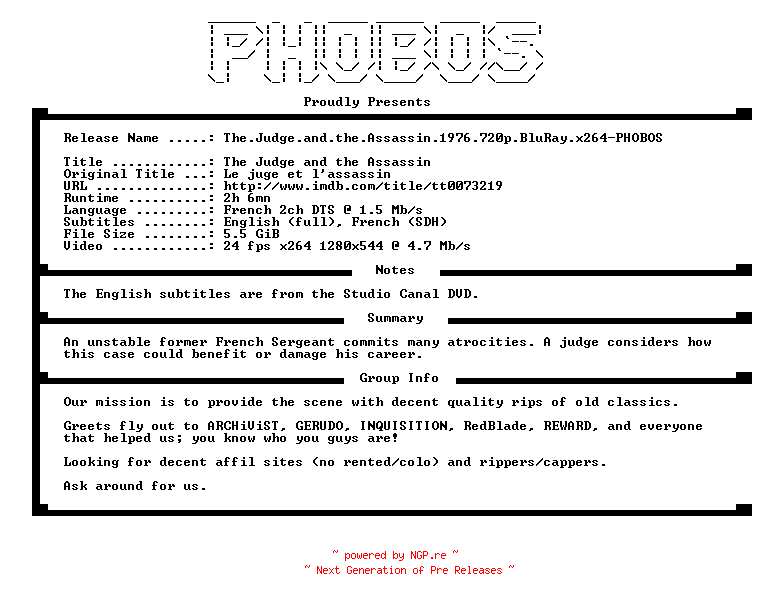 NFO for the release The.Judge.and.the.Assassin.1976.720p.BluRay.x264-PHOBOS by PHOBOS