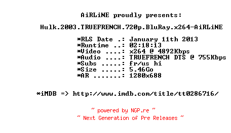 NFO for the release Hulk.2003.TRUEFRENCH.720p.BluRay.x264-AiRLiNE by AiRLiNE