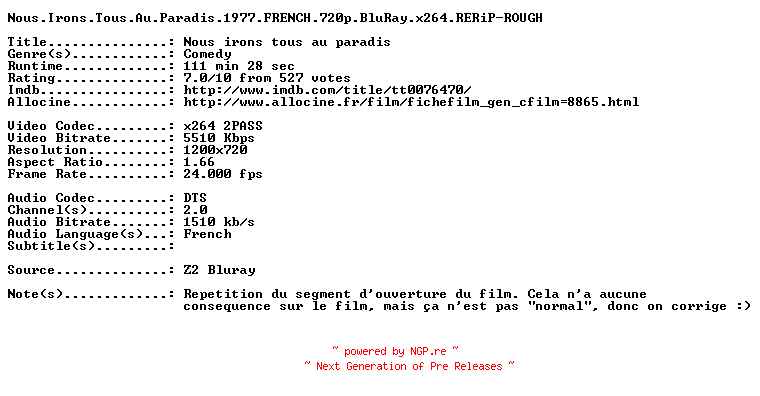 NFO for the release Nous.Irons.Tous.Au.Paradis.1977.FRENCH.720p.BluRay.x264.RERiP-ROUGH by ROUGH