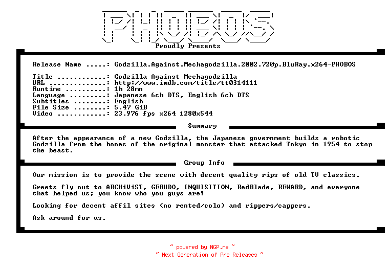NFO for the release Godzilla.Against.Mechagodzilla.2002.720p.BluRay.x264-PHOBOS by PHOBOS