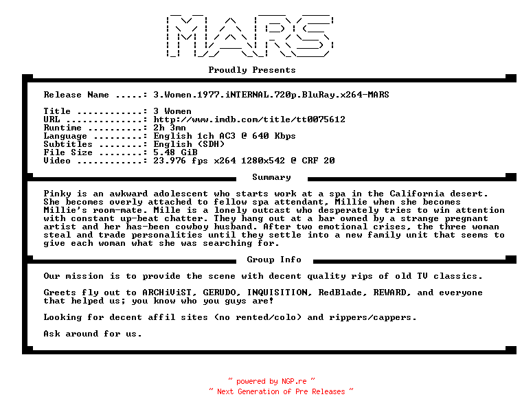 NFO for the release 3.Women.1977.iNTERNAL.720p.BluRay.x264-MARS by MARS